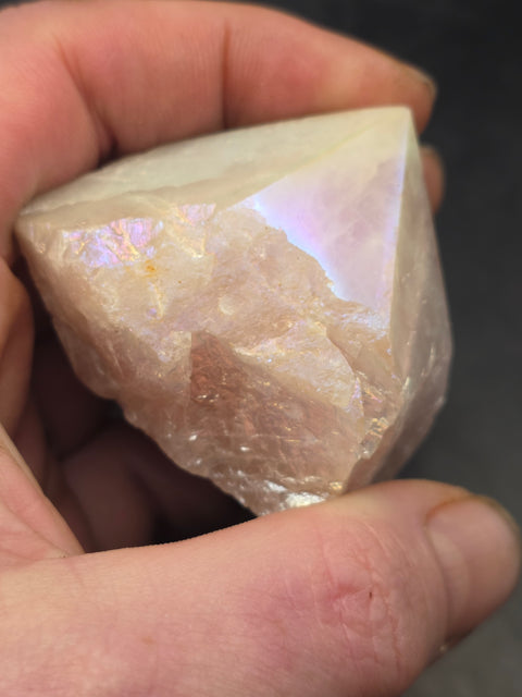 Rose aura quartz polished top point, 5.8 ounces, 1.9 inches tall, 2.4" wide