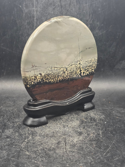 Natural picture jasper slab with stand! 5 ounces, 3.5 inches wide