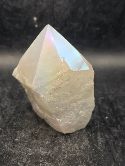 White pearl aura quartz polished top point, 6.3 ounces, 2.6 inches tall
