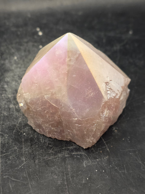 Rose aura quartz polished top point, 5.8 ounces, 1.9 inches tall, 2.4" wide