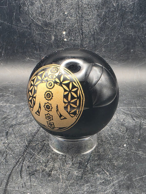 Gold 7 Chakra black obsidian sphere, 58.4mm, 2.2 inches, 8.7 ounces