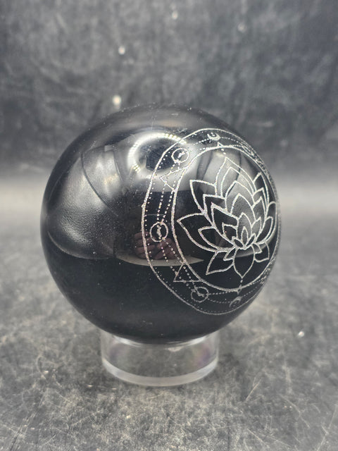 Black obsidian silver lotus flower sphere! 9.8 ounces, 2.3 inches!