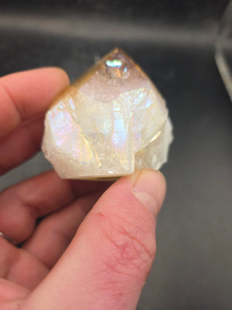 Angel aura citrine polished top point! 5.7 ounces, 2.3 inch by 2.3"