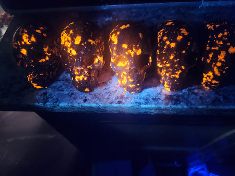 Flame stone yooperlite skull, 1.1 pound, 3.8 inches long, 3.1 tall, 2.3 wide