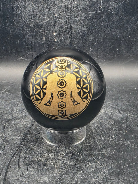 Gold 7 Chakra black obsidian sphere, 58.4mm, 2.2 inches, 8.7 ounces