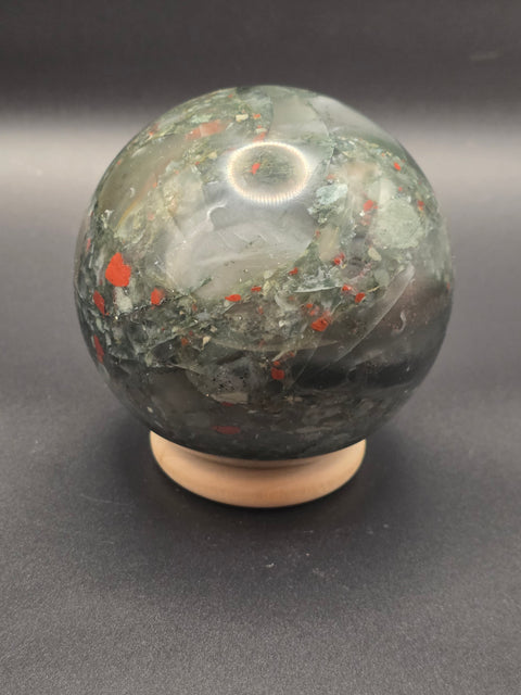 African bloodstone sphere! 74.8mm, 2.9 inches, 1.4 pounds