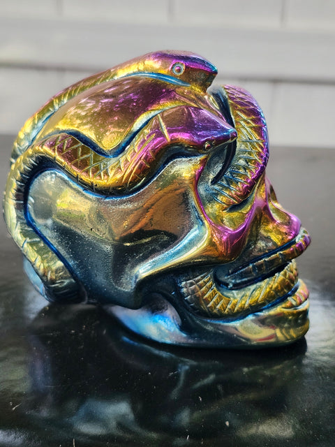 Titanium obsidian skull & snake! 1.1 pound, 3.7 inches long, 3 tall, 2.5 wide