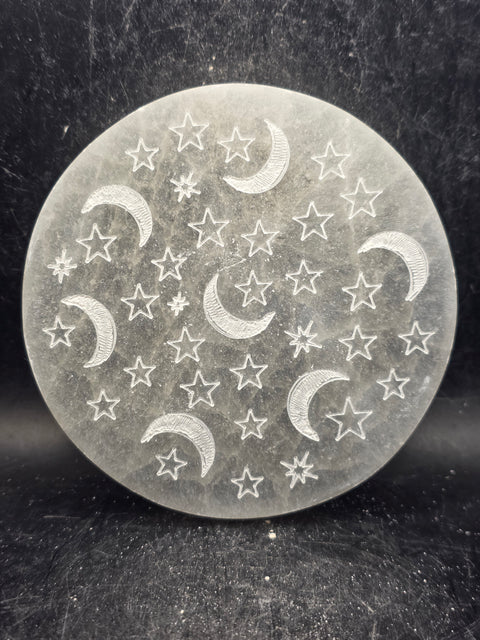 Selenite sun and moon etched charging plate! 4 inches wide