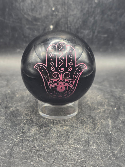 Black obsidian pink hamsa hand sphere! 7.8 ounces, 2.2 inches!