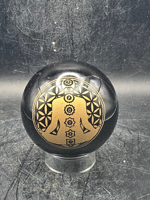 Gold 7 Chakra black obsidian sphere, 58.4mm, 2.2 inches, 8.7 ounces