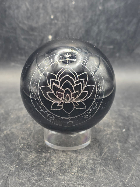 Black obsidian silver lotus flower sphere! 9.8 ounces, 2.3 inches!