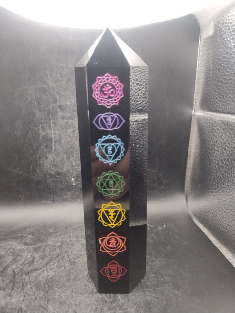 Large 7 chakra black obsidian tower! 7 inches tall, 1.2 pounds!