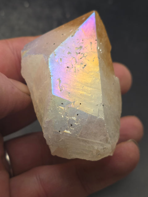 Angel aura citrine polished top point! 5.3 ounces, 2.4 inches tall