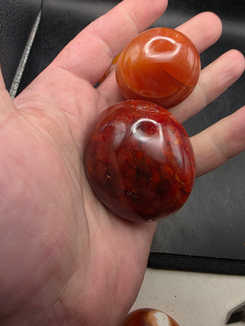 Carnelian agate palm stones! Set of 2! 1.5 to 2.6 inches!