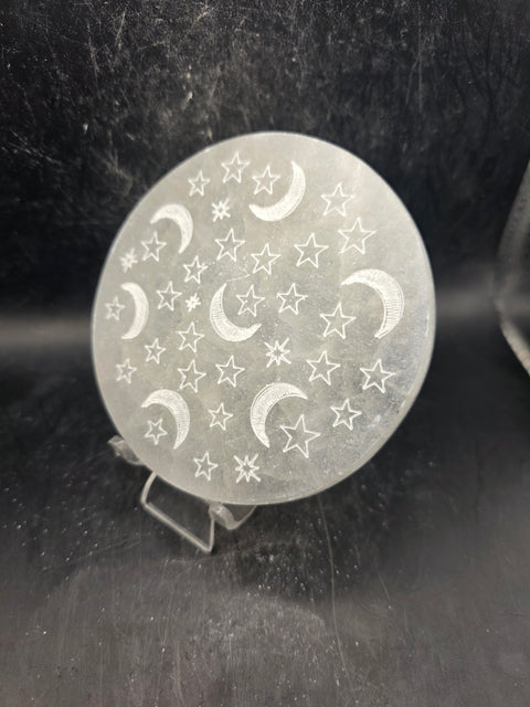 Selenite sun and moon etched charging plate! 4 inches wide