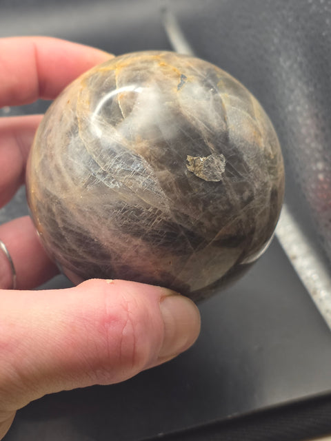 Black moonstone sphere! 73.7 mm, 2.9 inches, 1.3 pounds