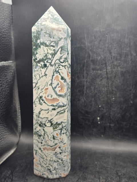 Large moss agate tower! 7 inches tall, 15.8 ounces