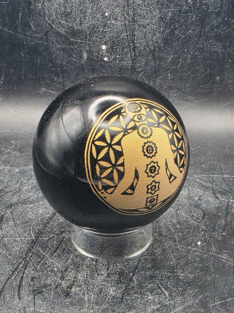 Gold 7 Chakra black obsidian sphere, 58.4mm, 2.2 inches, 8.7 ounces