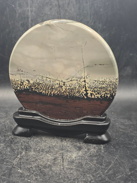 Natural picture jasper slab with stand! 5 ounces, 3.5 inches wide