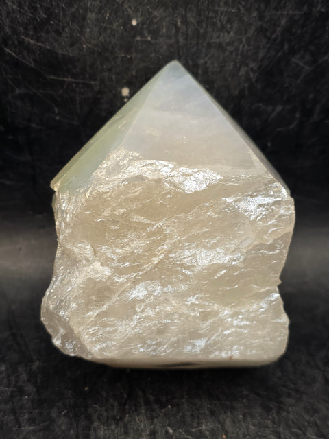 White pearl aura quartz polished top point, 6.3 ounces, 2.6 inches tall