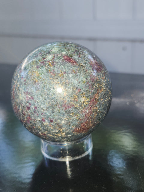 Ruby in kyanite sphere! 13.1 ounces, 58mm, 2.29 inches uv reactive