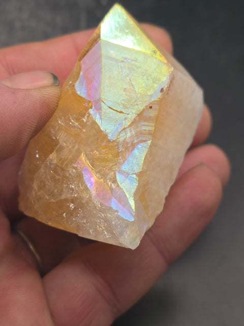 Angel aura citrine polished top point! 5.3 ounces, 2.4 inches tall