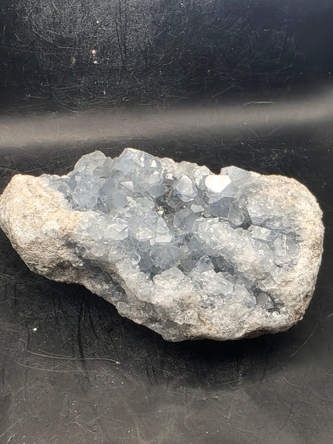 Large blue calcite geode! 1.15 pounds, 5.3 inches long, 2.3" wide