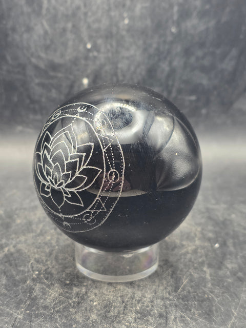 Black obsidian silver lotus flower sphere! 9.8 ounces, 2.3 inches!