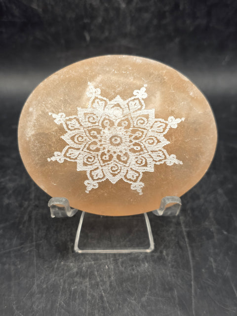 Peach selenite mandala etched palm stone! 2.5 inches wide