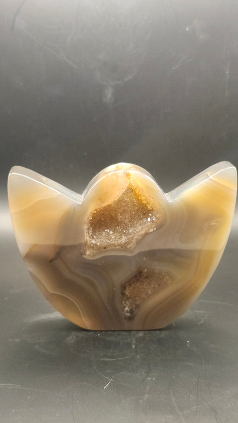 Druzy agate lotus flower. 3.75 inches wide by 2.85 tall, 7 ounces