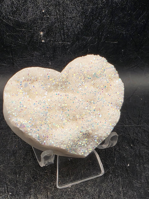 White pearl aura quartz heart! 4 ounces, 2.6 inches wide, 2.2" tall