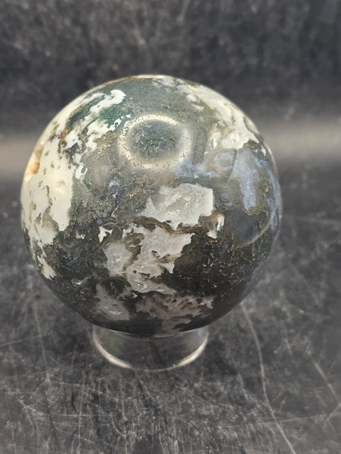Druzy moss agate sphere! 65.8mm, 2.5 inches, 13.1 ounces