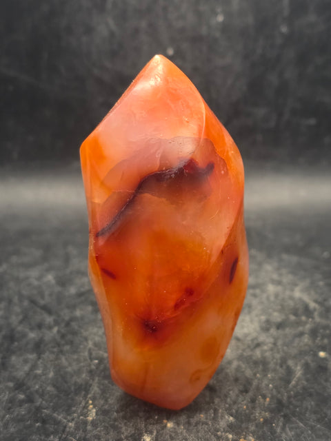 Carnelian agate flame tower! 6 ounces, 3.3 inches tall, 1.7" wide