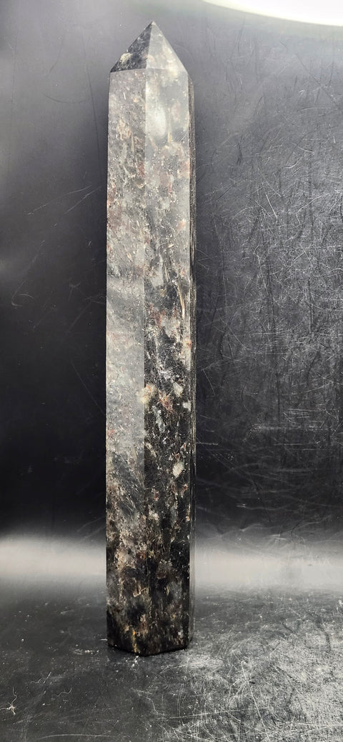 Large Astrophyllite garnet firework tower 8 inches tall, 14 ounces