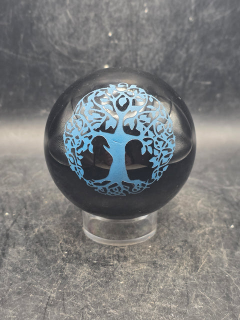 Black obsidian blue tree of life sphere, 2.3 inches, 10 ounces!