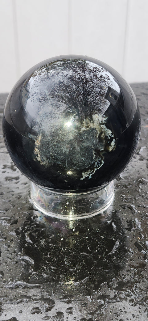 Black agate sphere! 67.3mm, 2.6 inches, 14.7 ounces