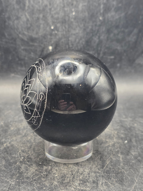 Black obsidian silver lotus flower sphere! 9.8 ounces, 2.3 inches!