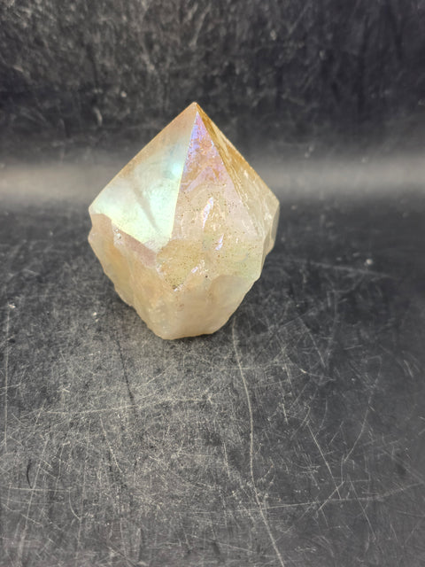 Angel aura citrine polished top point! 5.4 ounces, 2.3 inches tall