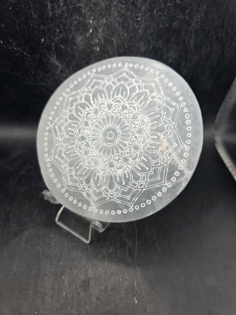Selenite etched mandala charging plate! 4 inches wide