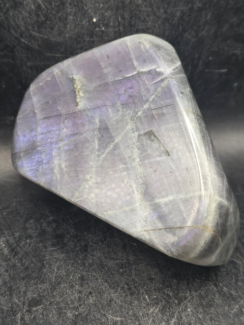 Purple flash sunset labradorite free form, 13.7 ounces, 3.8 inches wide