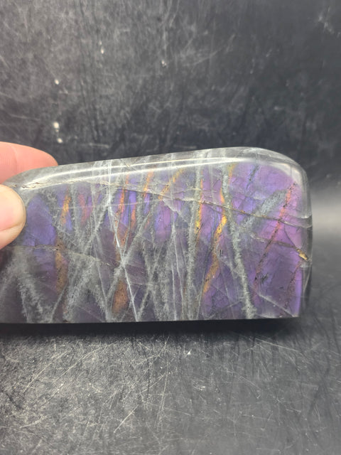 Purple flash sunset labradorite free form, 15 ounces 4 inches wide