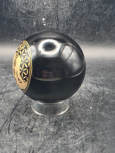 Gold 7 Chakra black obsidian sphere, 58.4mm, 2.2 inches, 8.7 ounces