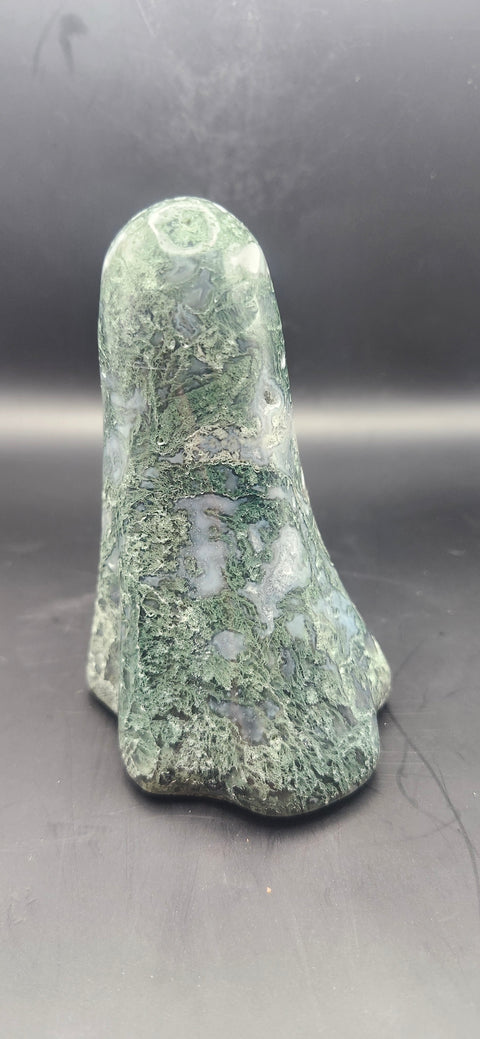 Moss agate tower. 13.5 ounces, 4 inches tall