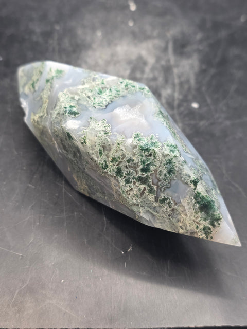 Druzy Moss agate prism! 4.6 inches long, 7 ounces