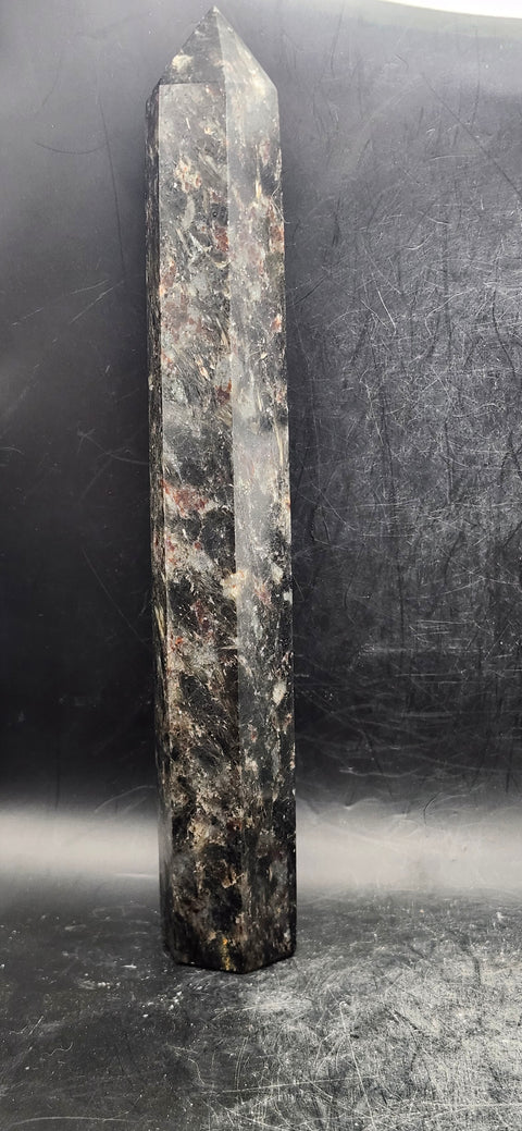 Large Astrophyllite garnet firework tower 8 inches tall, 14 ounces