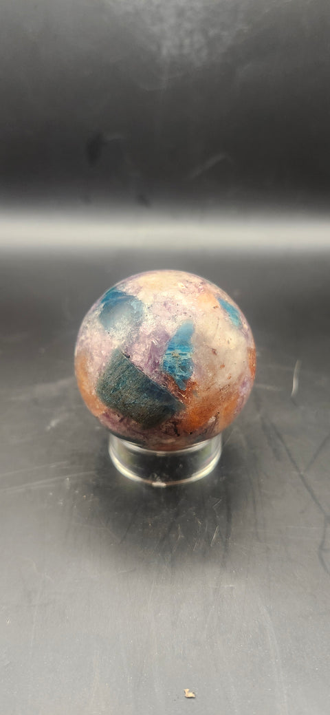 Blue apatite, lepidolite, Sunstone sphere. 45.9mm, 1.81 inches, 4.1 ounces!