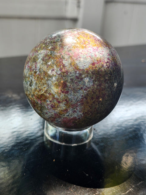 Ruby in kyanite sphere 14.5 ounces, 60mm, 2.36 inches uv reactive