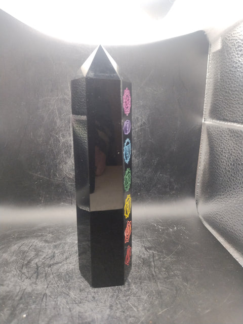 Large 7 chakra black obsidian tower! 7 inches tall, 1.2 pounds!