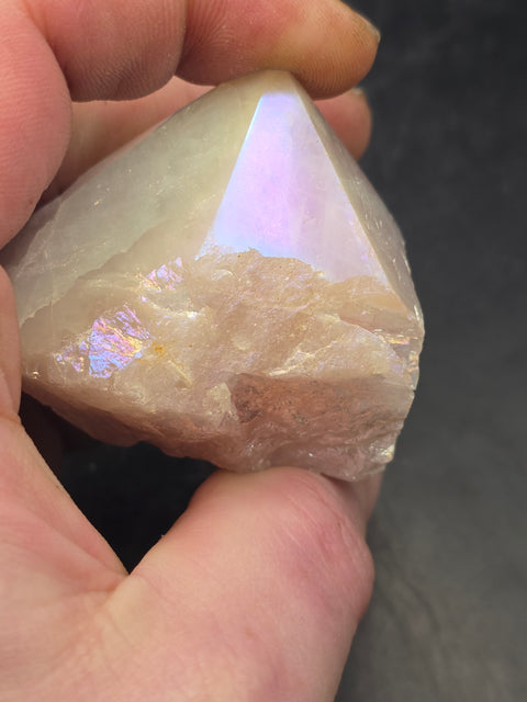 Rose aura quartz polished top point, 5.8 ounces, 1.9 inches tall, 2.4" wide