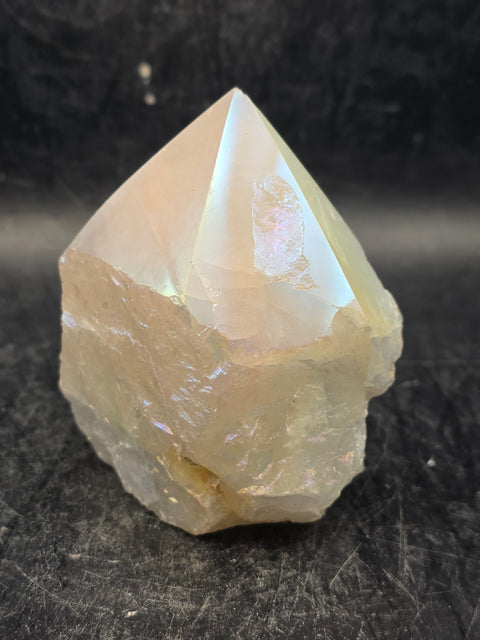 White pearl aura quartz polished top point, 6.3 ounces, 2.6 inches tall